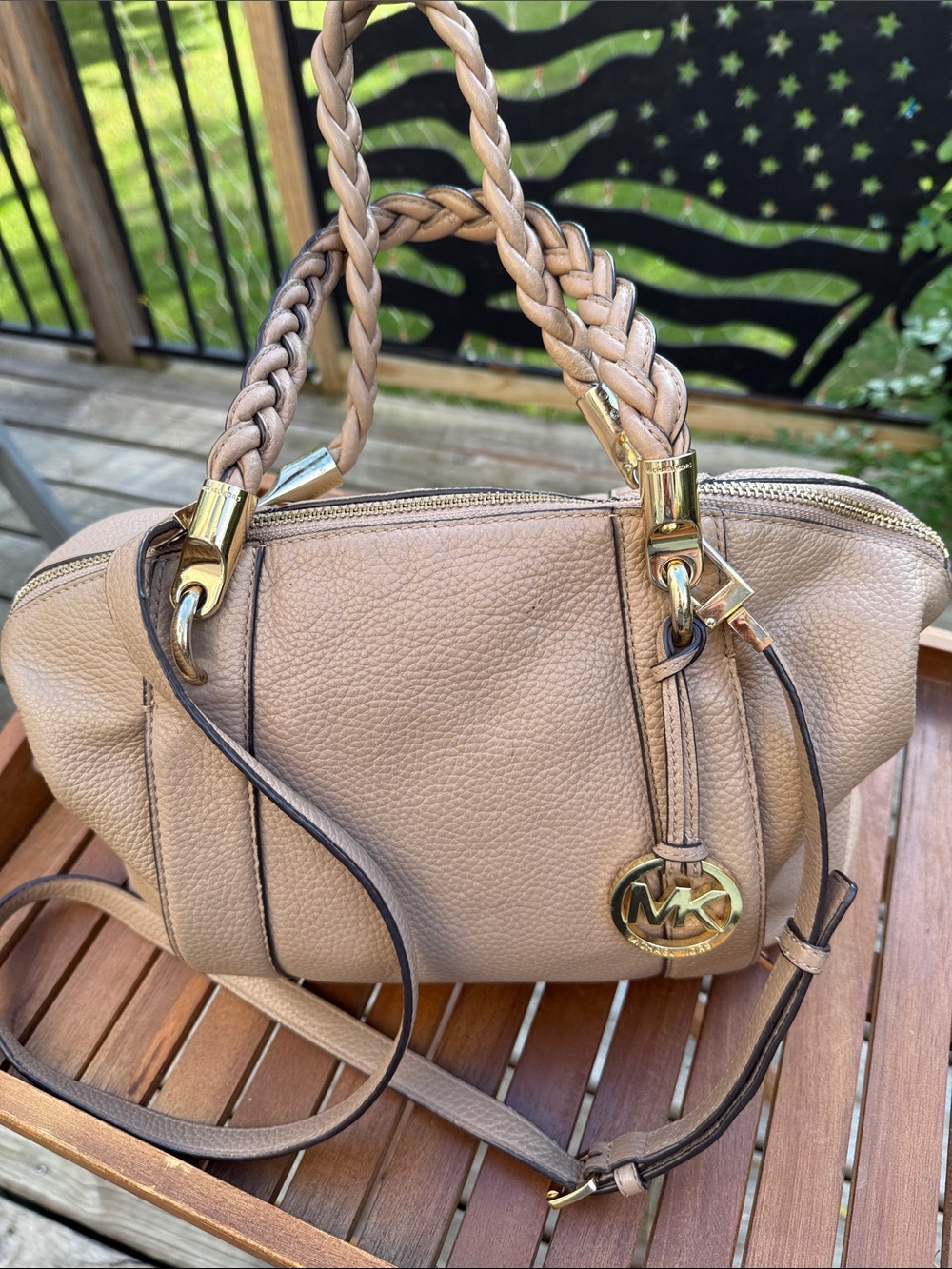 Michael Kors Beige Taupe Leather Braided-Handle Shoulder Bag
